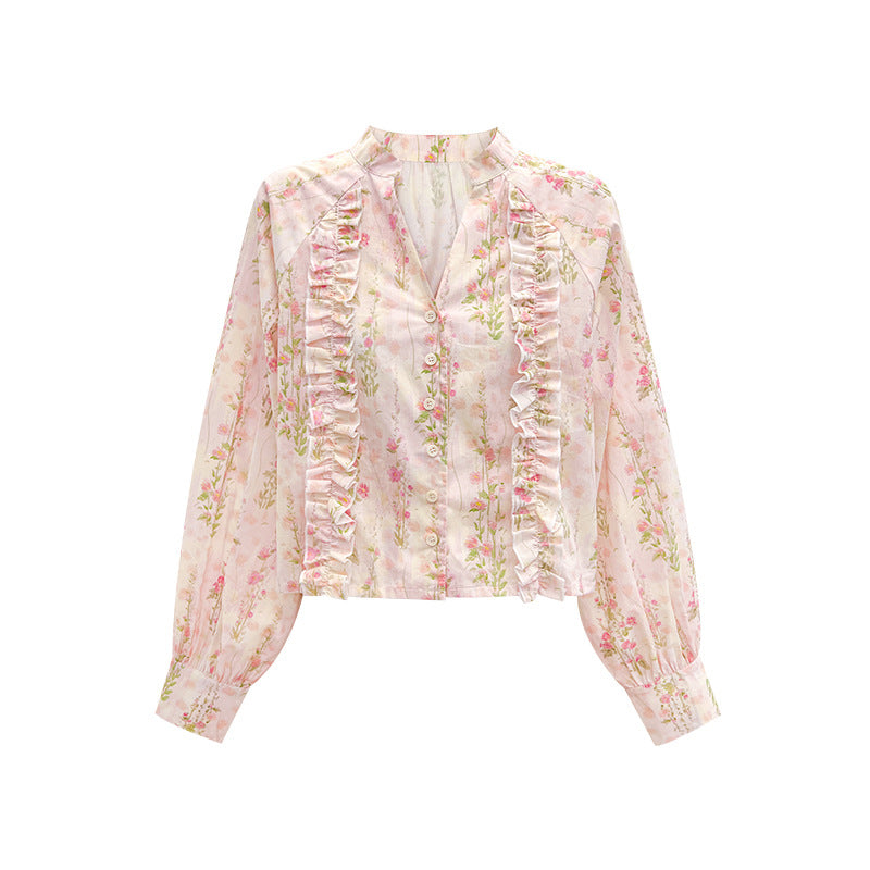 Blusa floral rosa de manga larga con escote en V