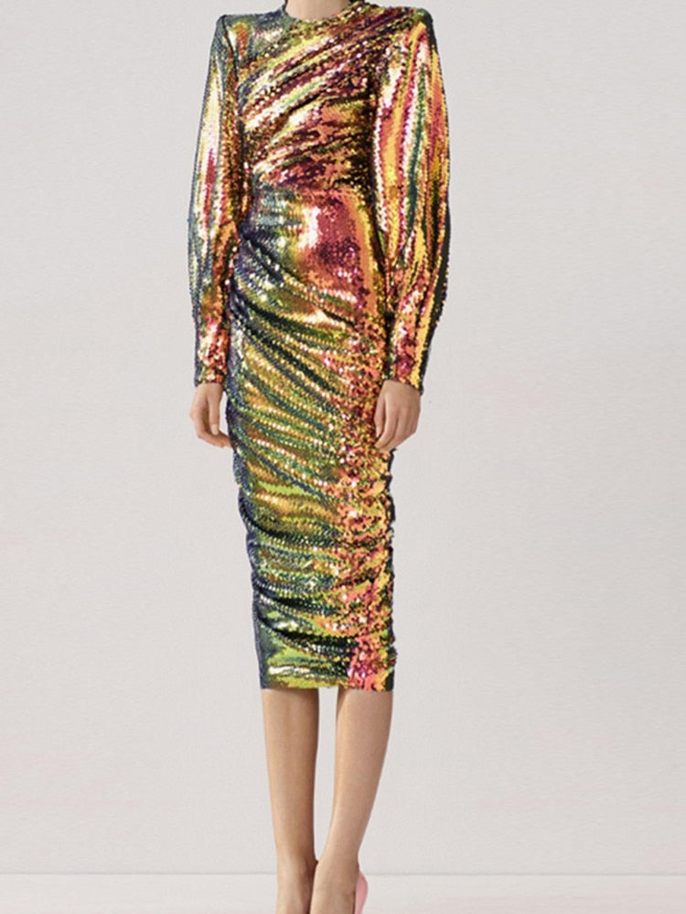 Vestido midi elegante de manga larga y falda evasé
