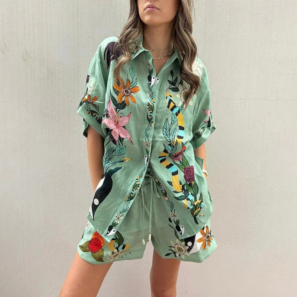 Conjunto de verano estampado de camisa y pantalón corto