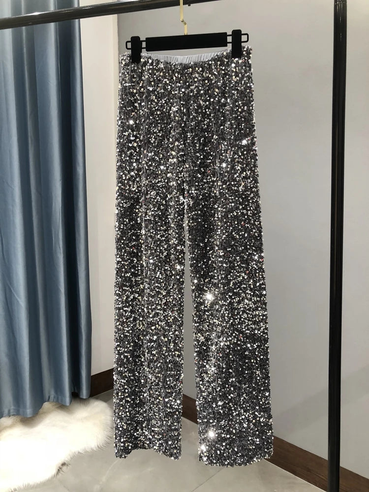 Pantalón brillante de cintura alta y pierna ancha