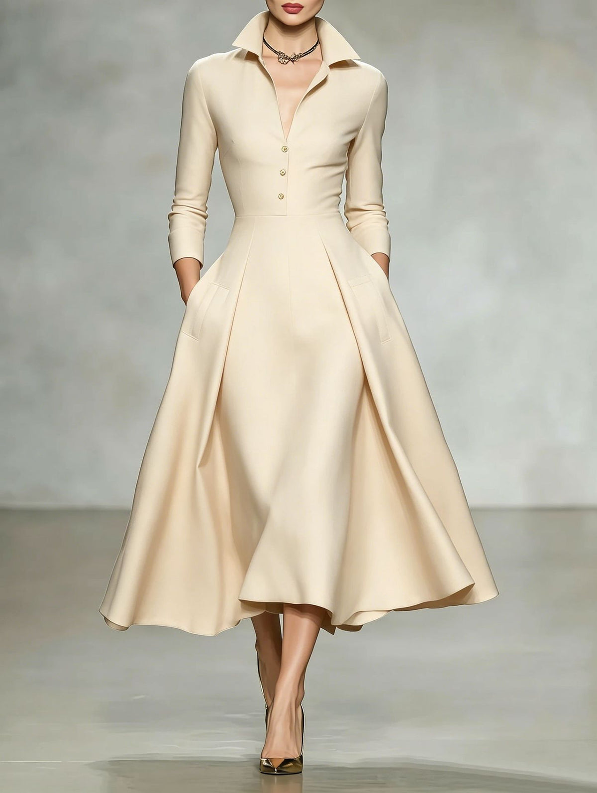 Vestido de manga larga con escote en V y cintura entallada