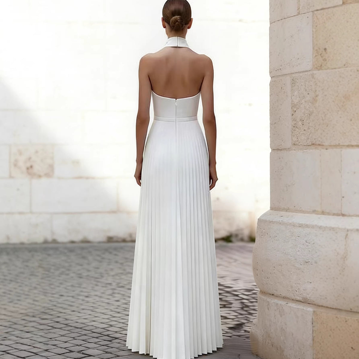 Vestido midi palabra de honor con plisado asimétrico