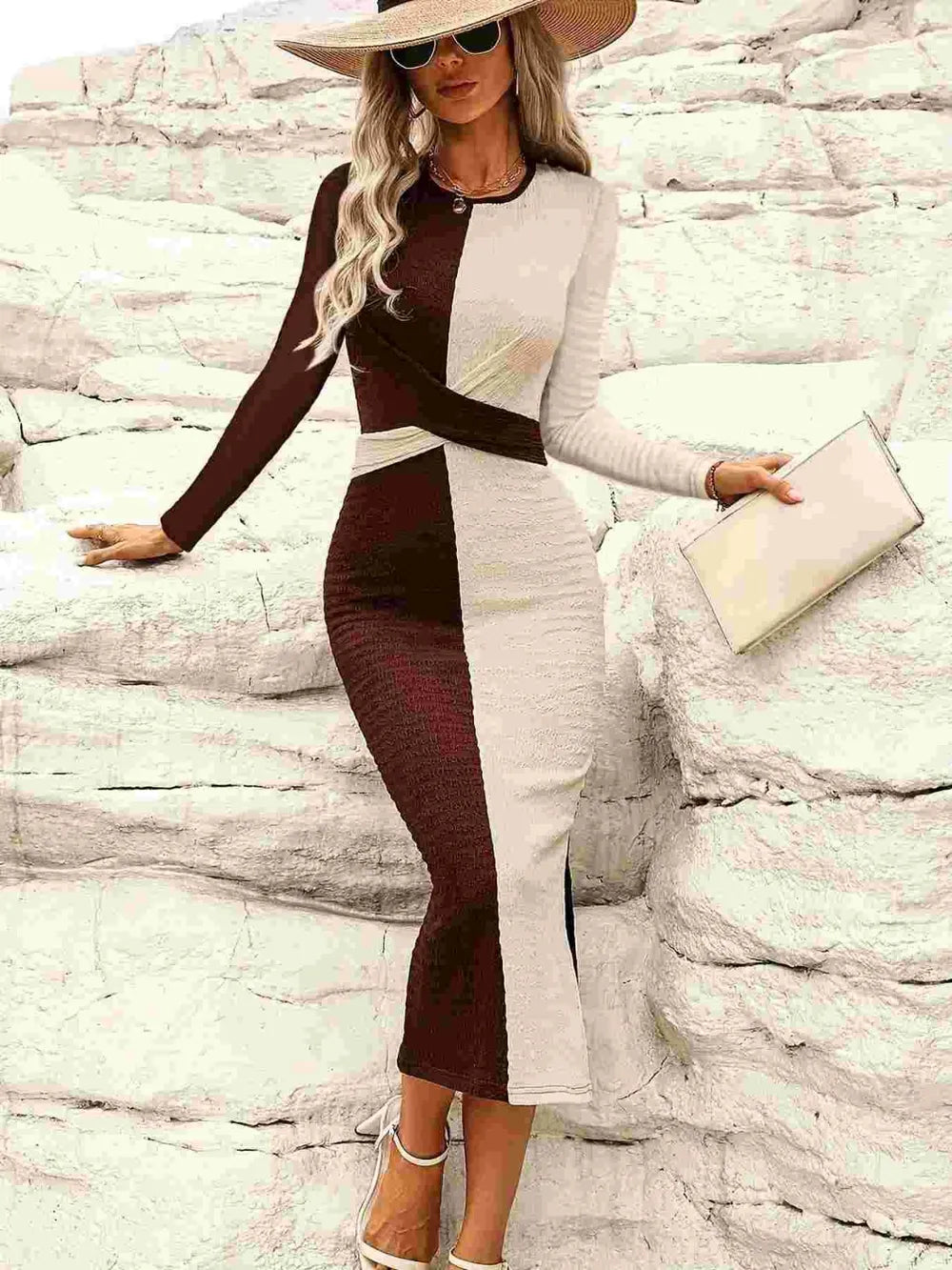 Vestido midi bicolor de manga larga con abertura
