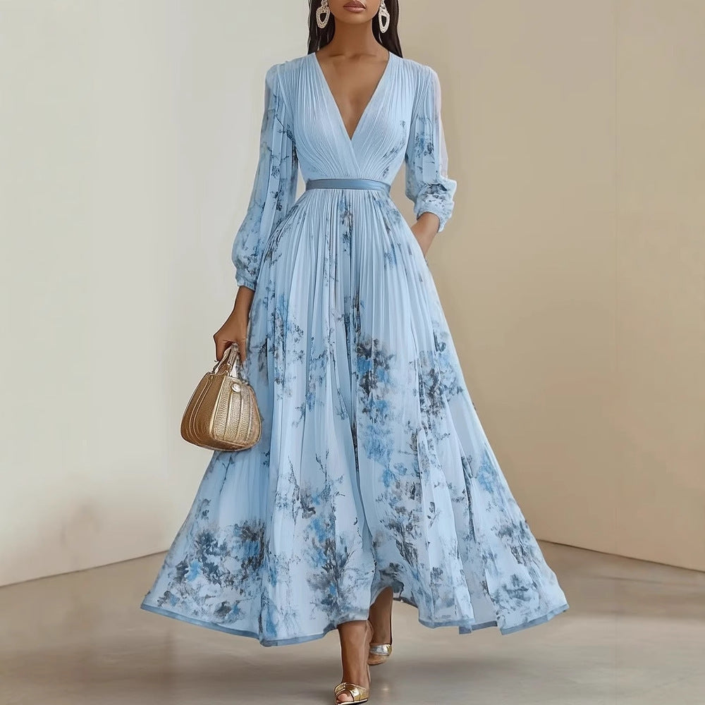 Vestido largo floral de manga larga con escote en V