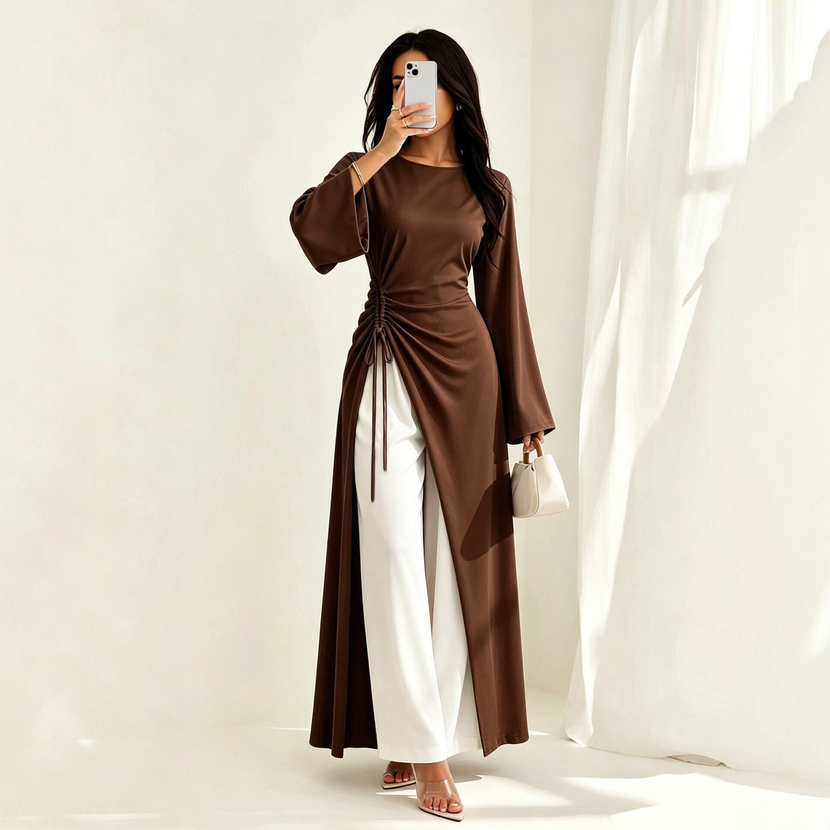 Vestido largo elegante con cintura fruncida, manga acampanada y abertura