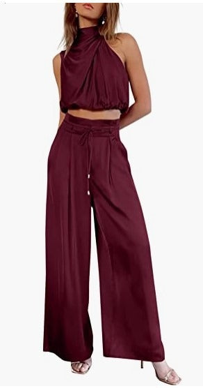 Conjunto de verano de top corto sin mangas y pantalón ancho