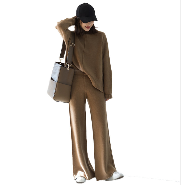 Conjunto de punto con jersey y pantalón ancho de cintura alta