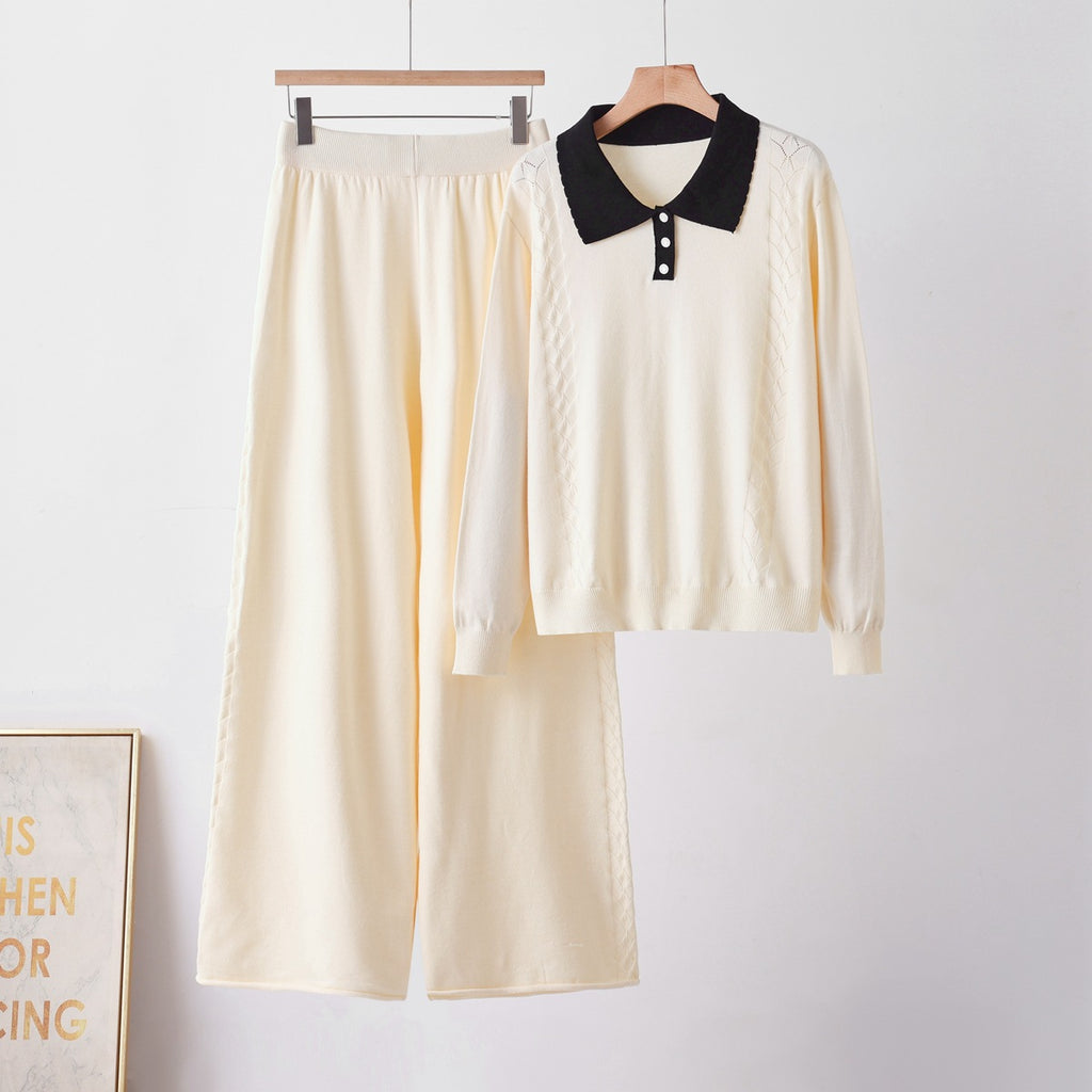 Conjunto de punto con jersey de cuello polo y pantalón ancho
