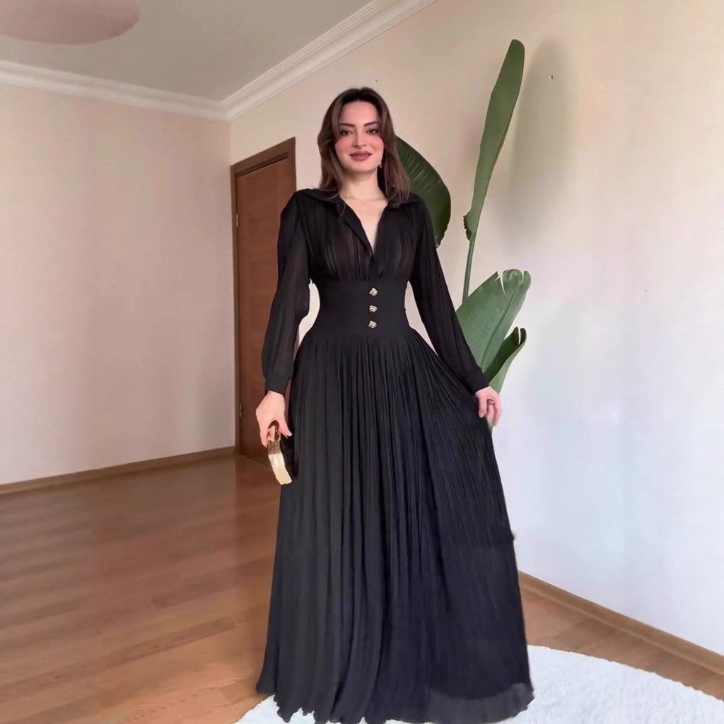 Vestido largo camisero de manga larga con cintura entallada