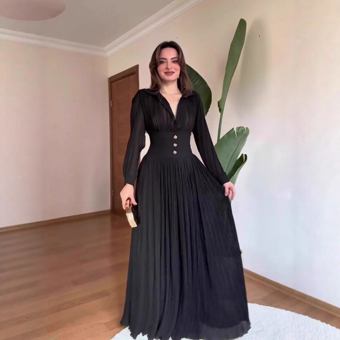 Vestido largo camisero de manga larga con cintura entallada