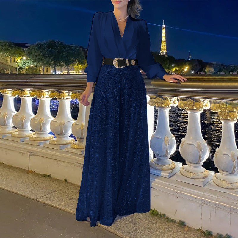 Conjunto elegante de blusa con escote en V y pantalón ancho de lentejuelas