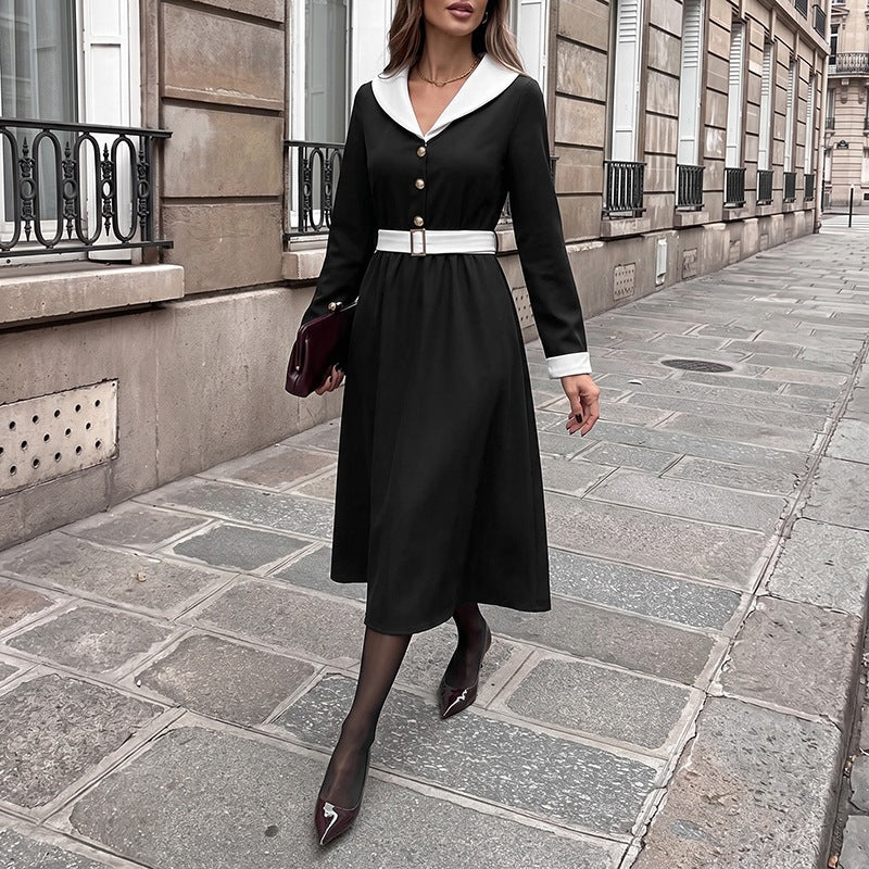 Vestido largo elegante con escote en V, manga larga y cinturón