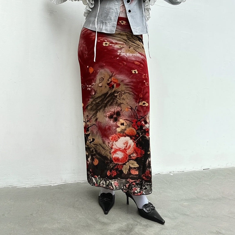 Falda midi roja de cintura alta con estampado floral