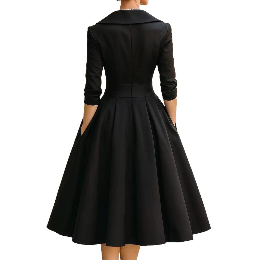 Vestido largo formal entallado de manga larga con cuello camisero