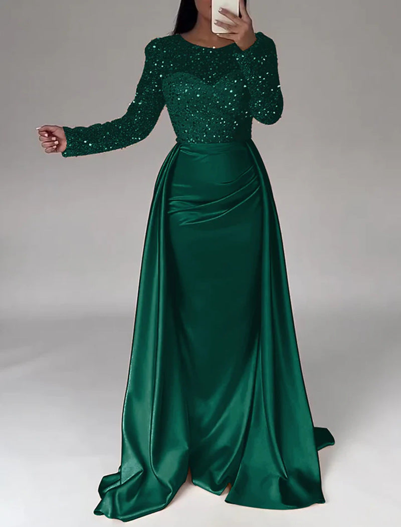 Vestido largo de noche con cuerpo de lentejuelas y falda satinada