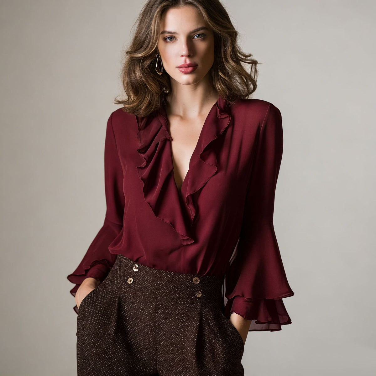 Blusa elegante con volantes, escote en V y manga larga