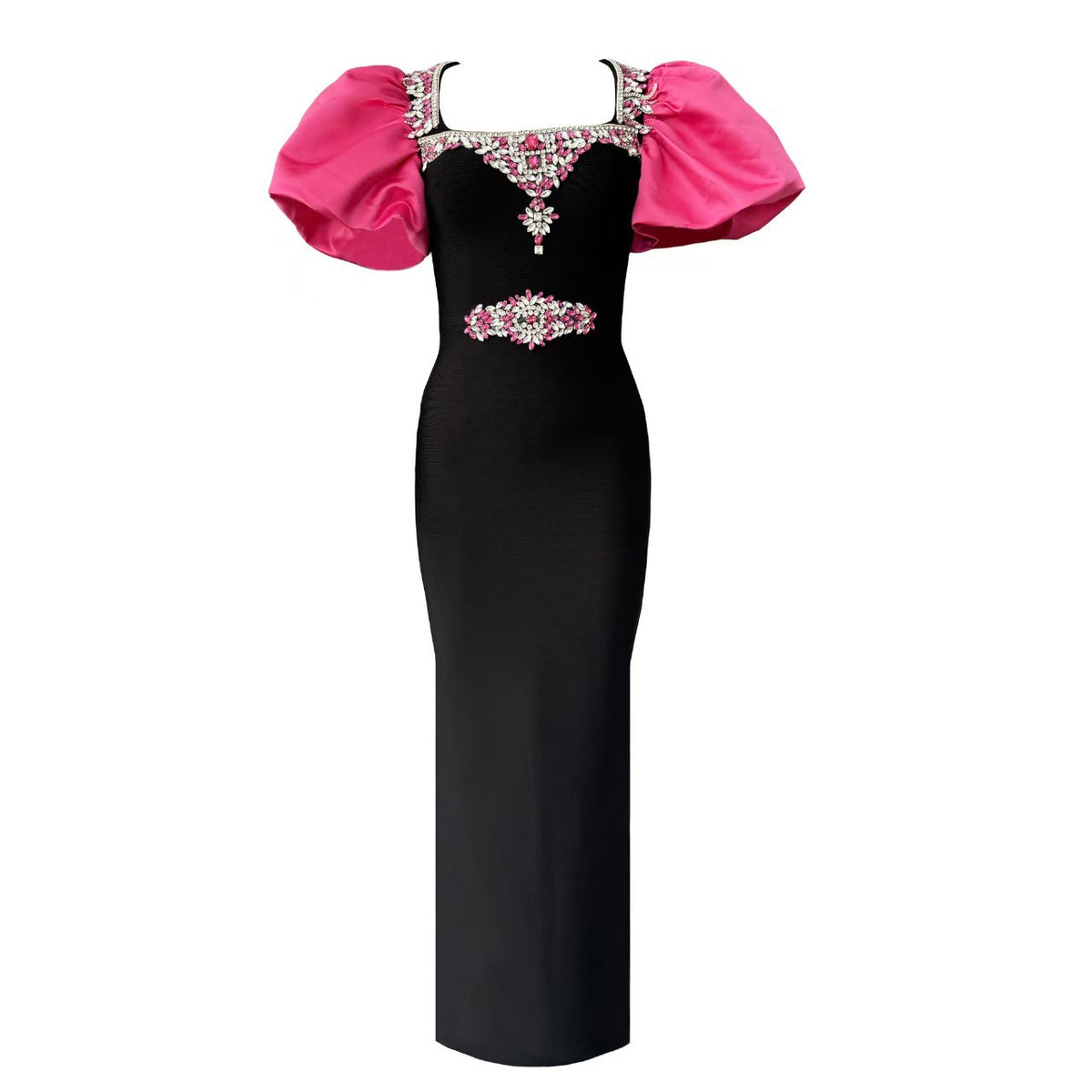 Vestido midi con pedrería, escote cuadrado y manga abullonada