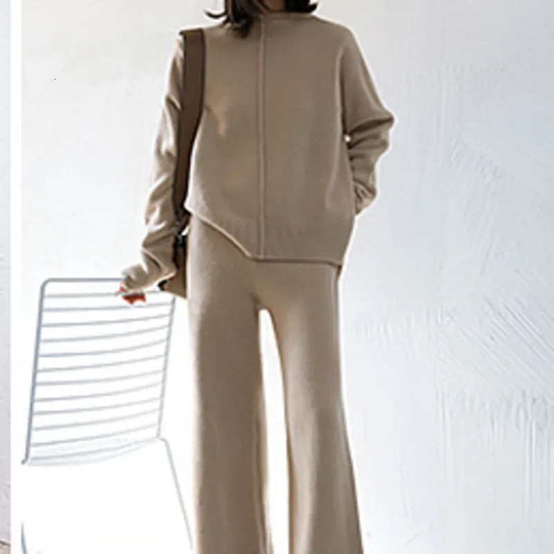 Conjunto de punto con jersey y pantalón ancho de cintura alta
