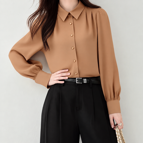 Blusa de gasa de manga larga con cuello camisero - imagen 1