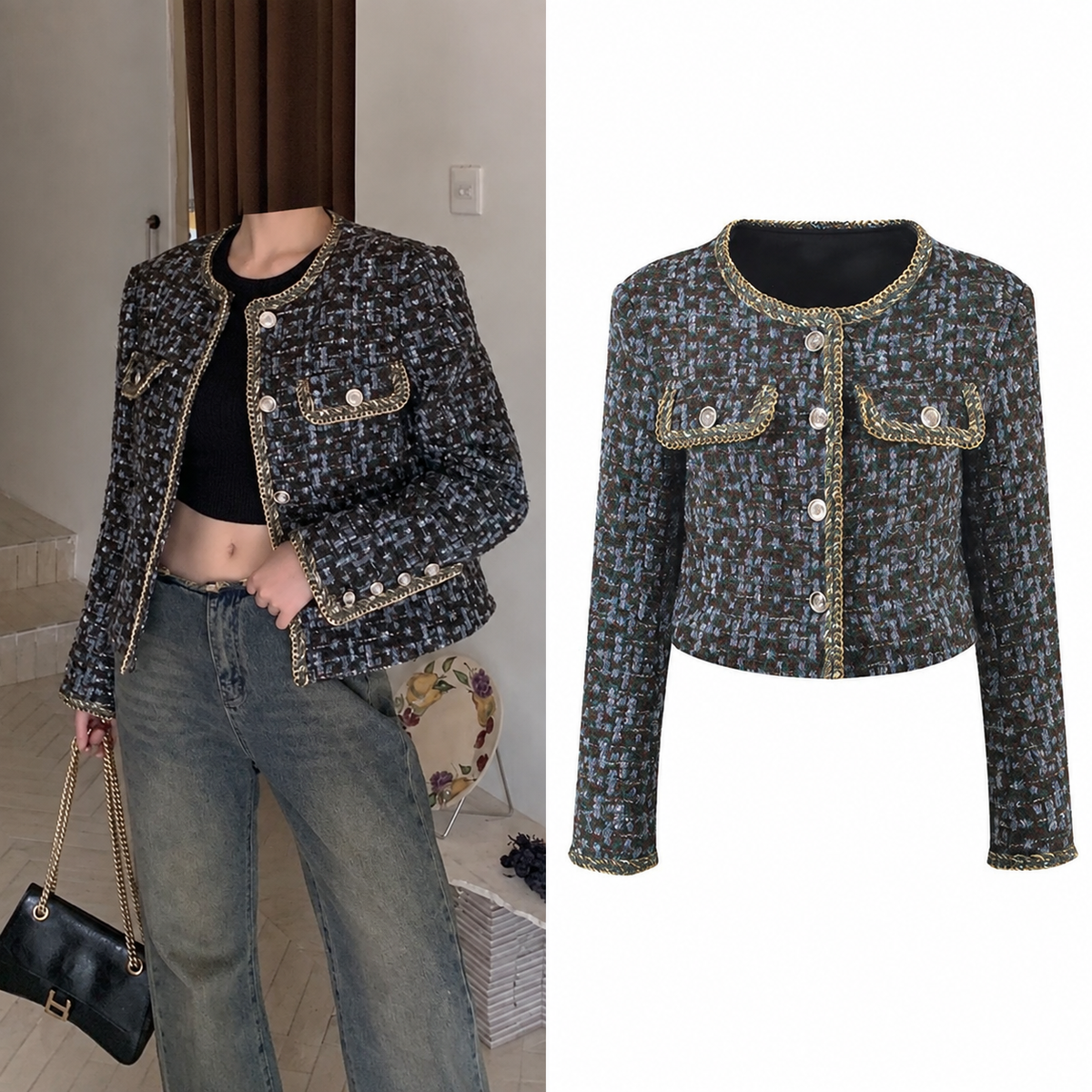 Chaqueta corta de tweed con bolsillos
