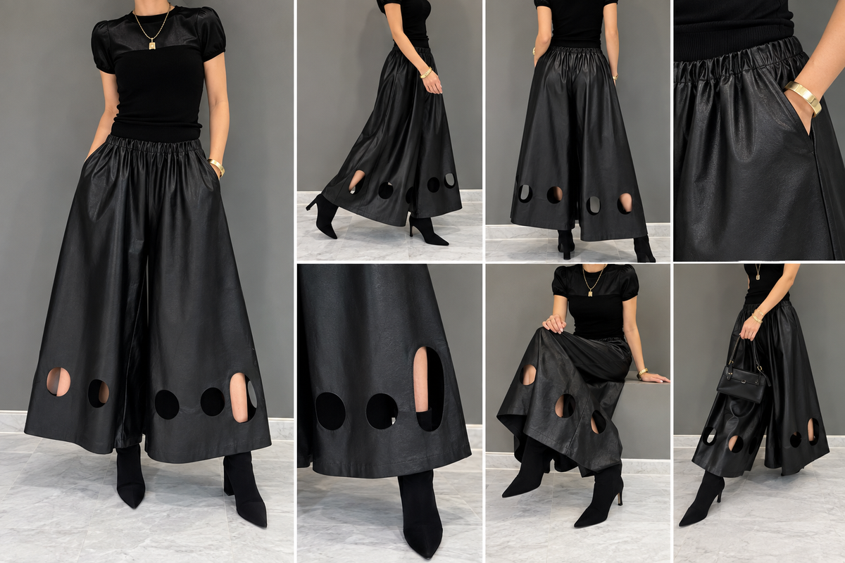 Pantalón ancho negro efecto piel