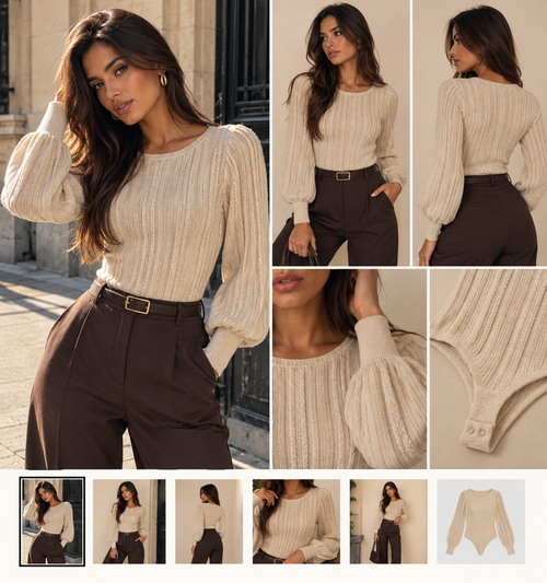 Modelo SDELFIA con body de punto beige de manga abullonada