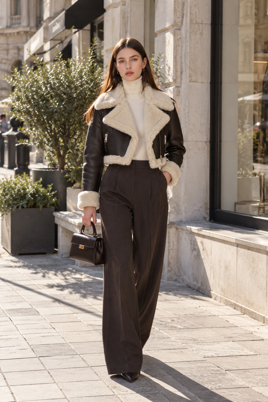 Modelo con chaqueta corta de efecto piel con borreguito
