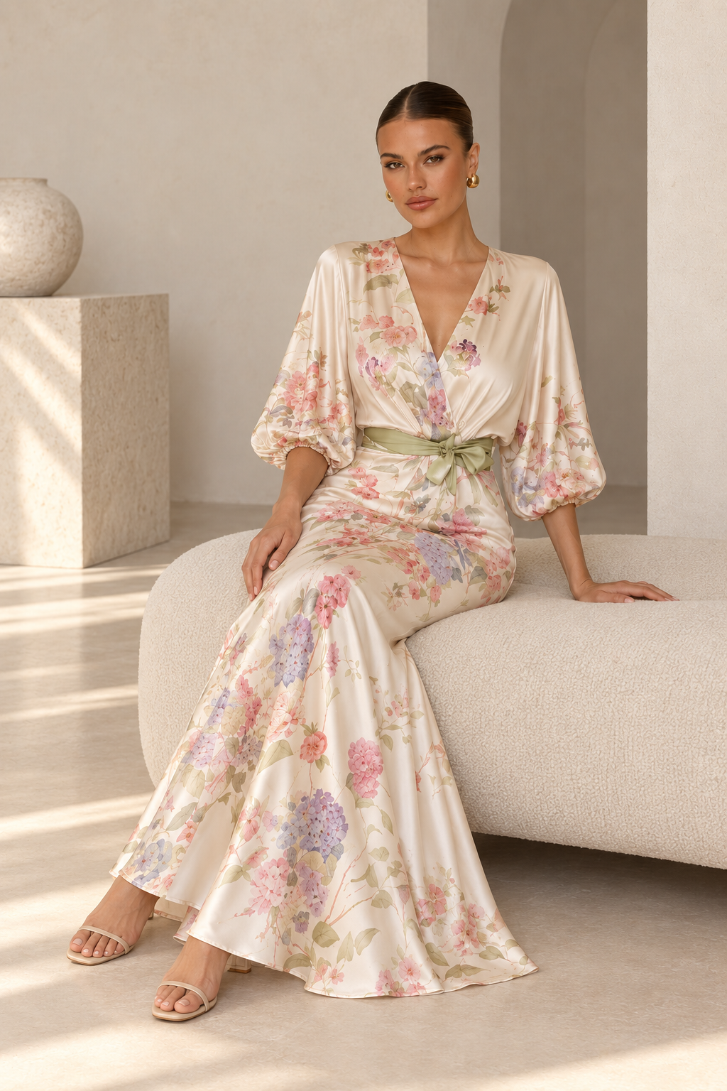 Vestido floral con modelo sentada