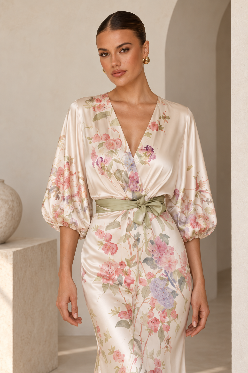 Detalle del escote, mangas y cintura del vestido floral